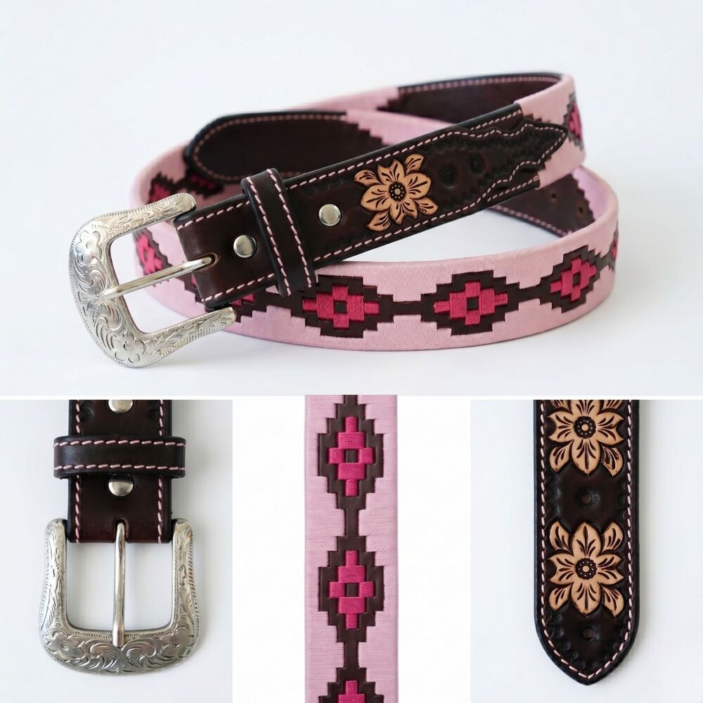 Southwestern Leather Brown Belt Size 36 Pink Aztec Inlay Tooled Floral WB-870